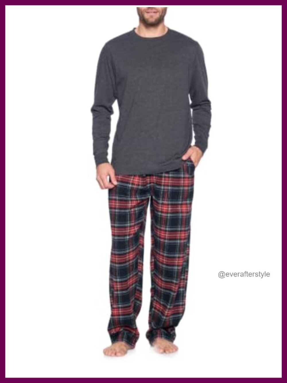 Mens Flannel Pajama Set Cotton Polyester Long Sleeve Top & Plaid Pants